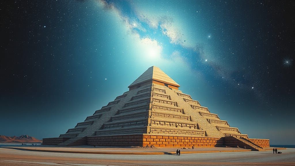 Time Traveler at Keops Pyramid in Surreal Style