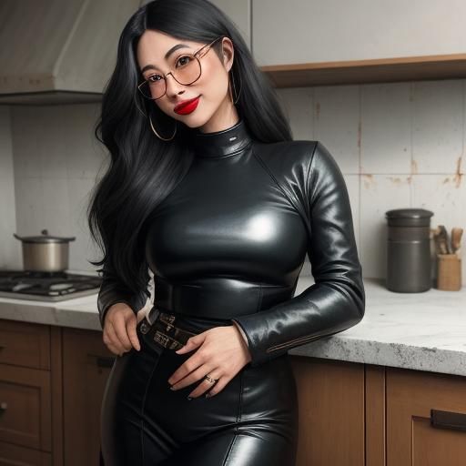Sensual Figure in Leather Leans on Kitchen Counter