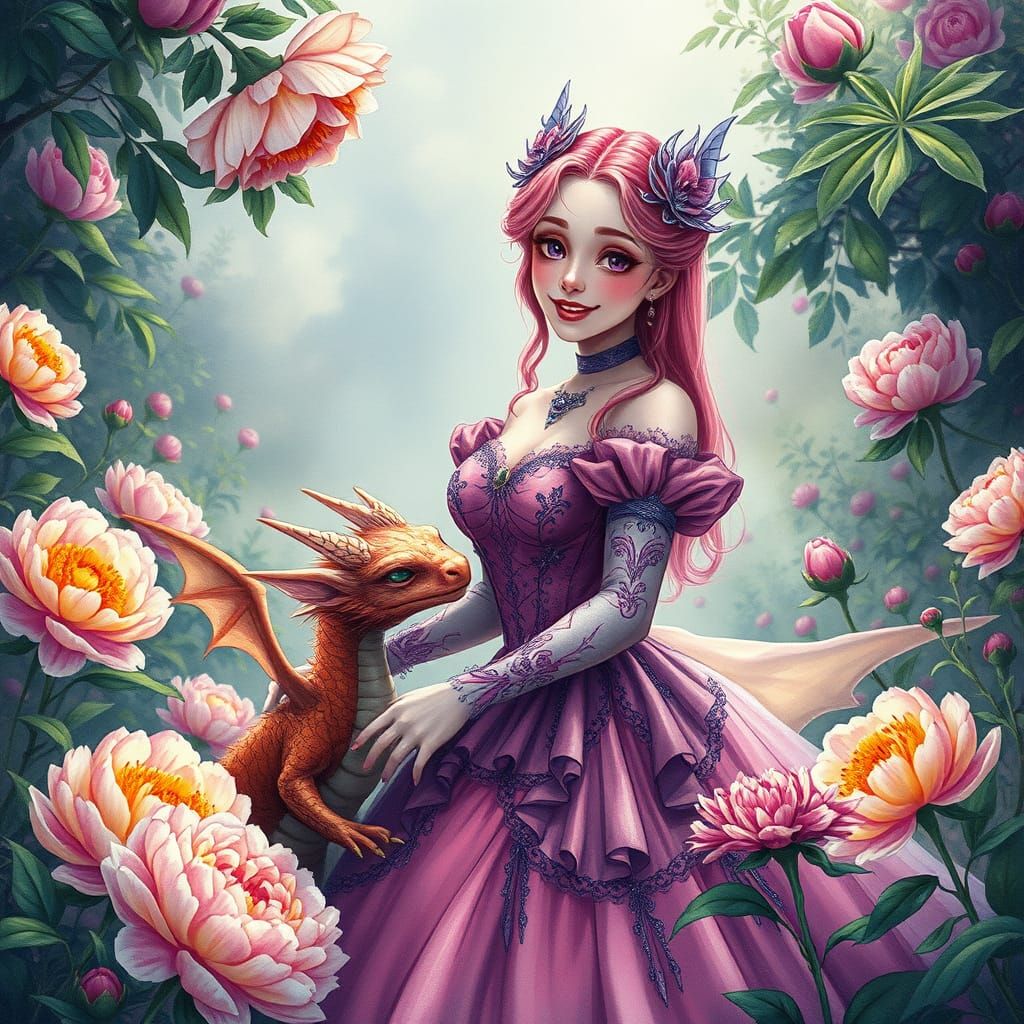 Pink-Haired Woman and Dragon in Watercolor Style