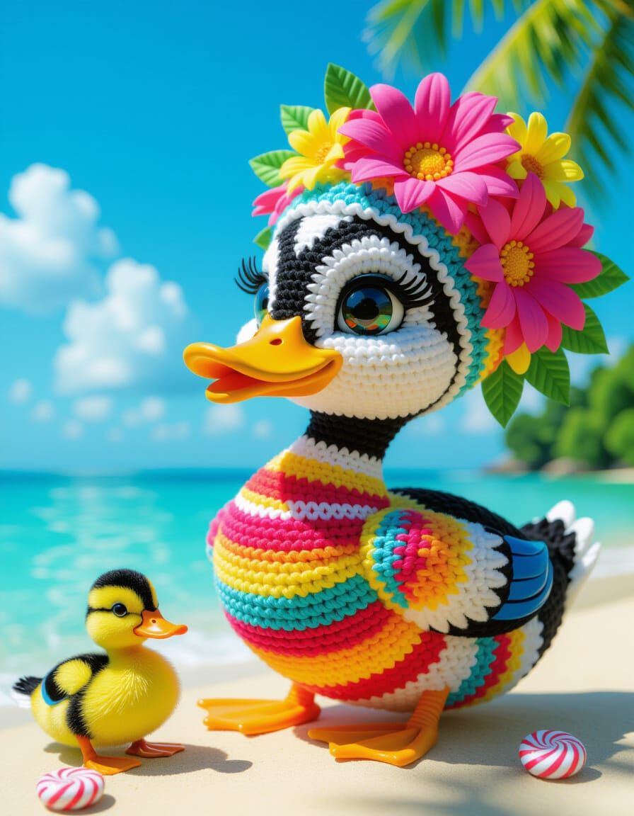 Beach Biker with Duck in Klimt-Inspired Crochet Style