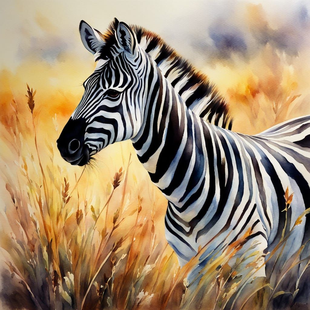 Zebra in Field: Watercolour Painting with Soft Hues