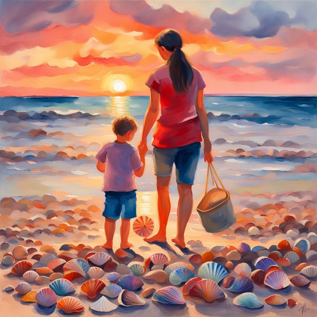 Sunset Beach: Mother and Son in Gouache Style