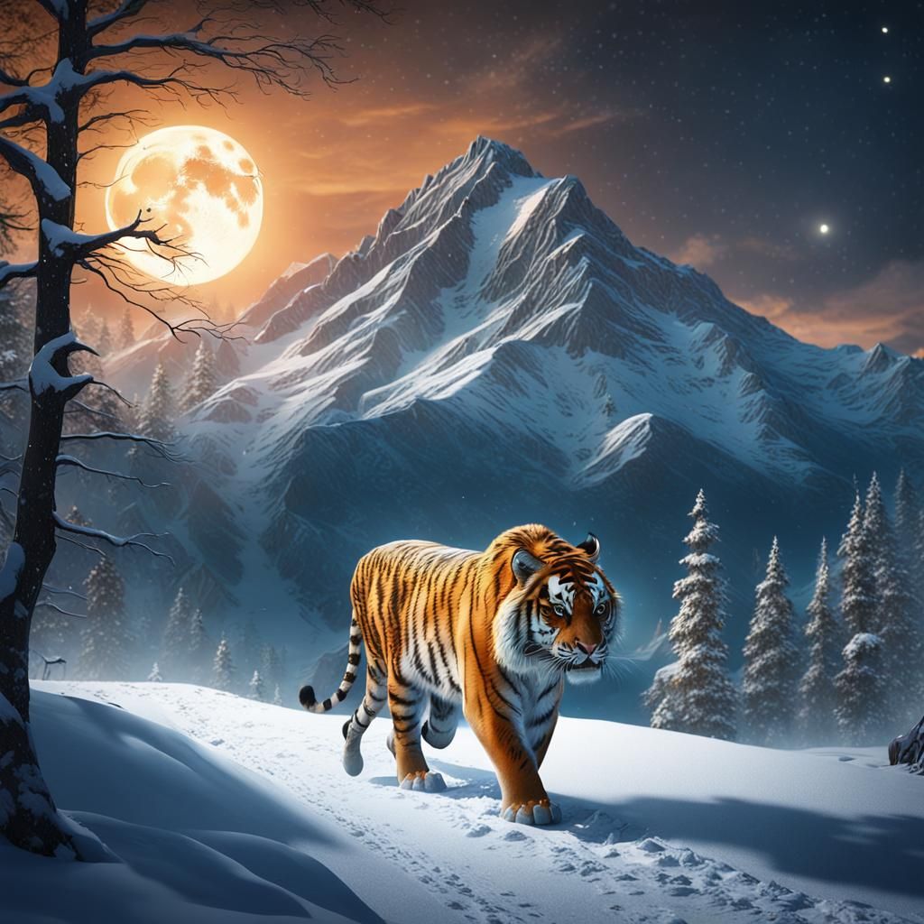 Tiger Walking in Snowy Moonlight: Fantasy Art