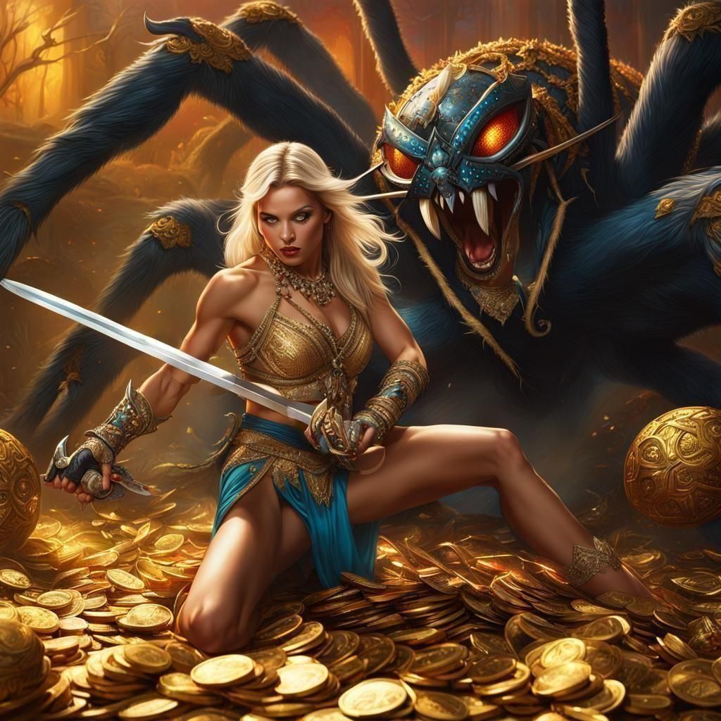 Barbarian vs Spider: Fantasy Art on Gold Treasure