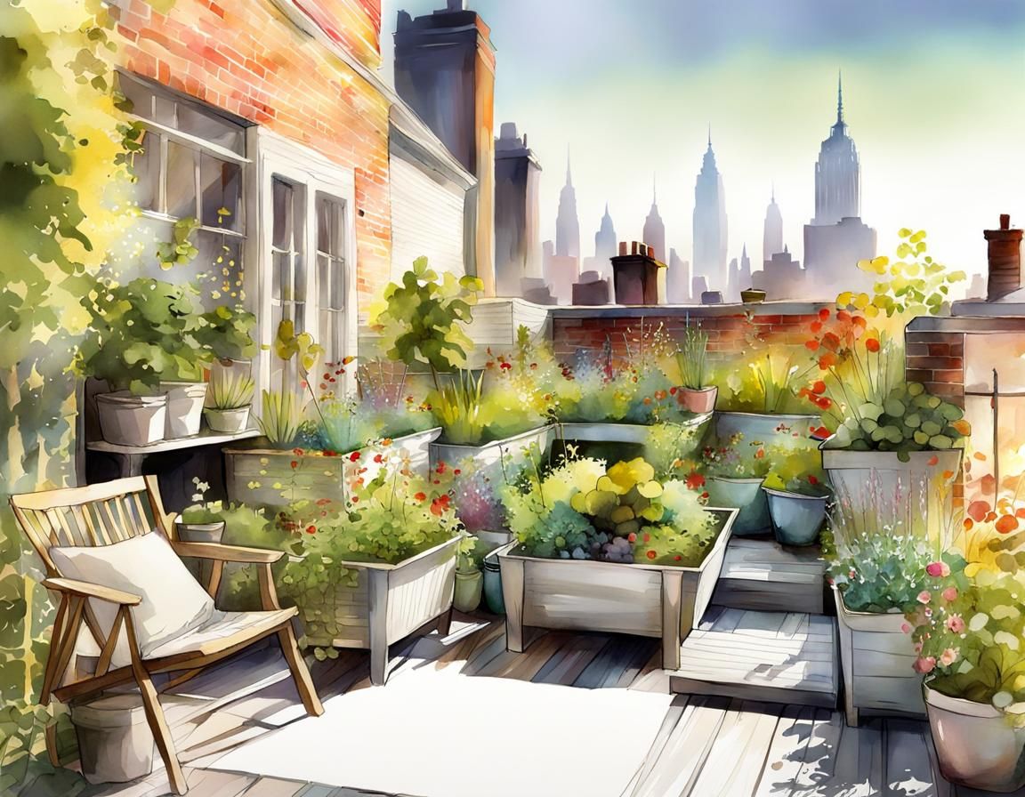 Rooftop Garden in Watercolor, 3D Render