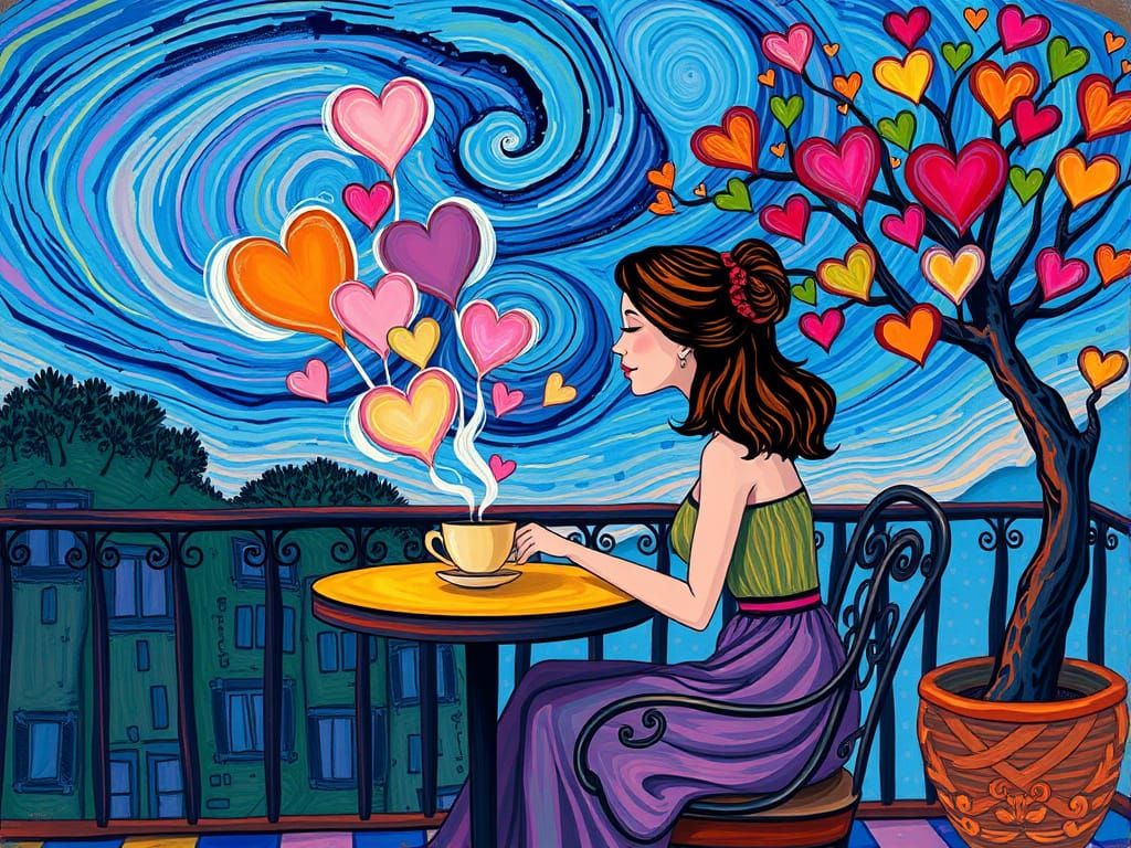 Vibrant Whimsical Scene of a Woman Creating Heart-Shaped Clo...