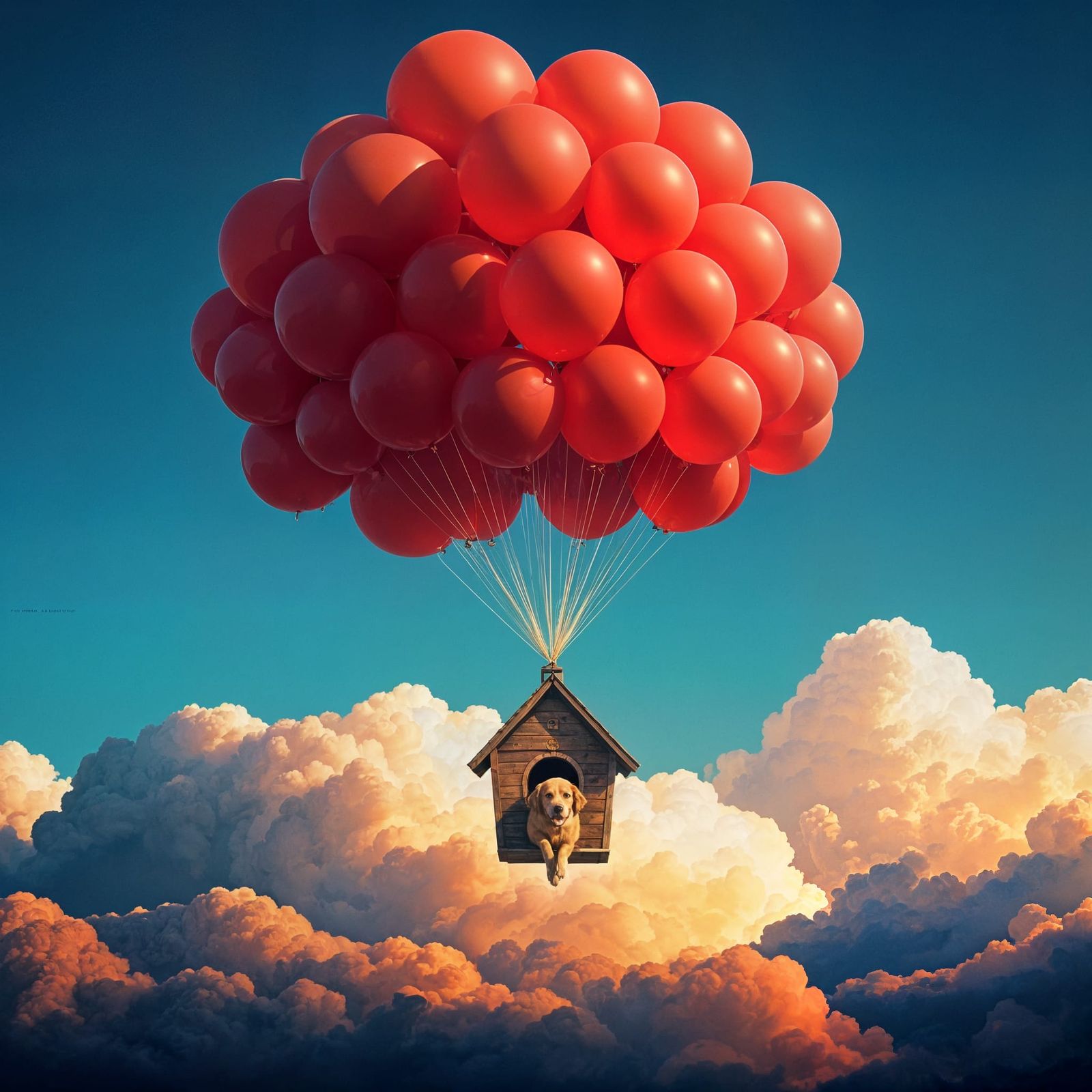 Doghouse Balloon Flight in Gouache Watercolor Style