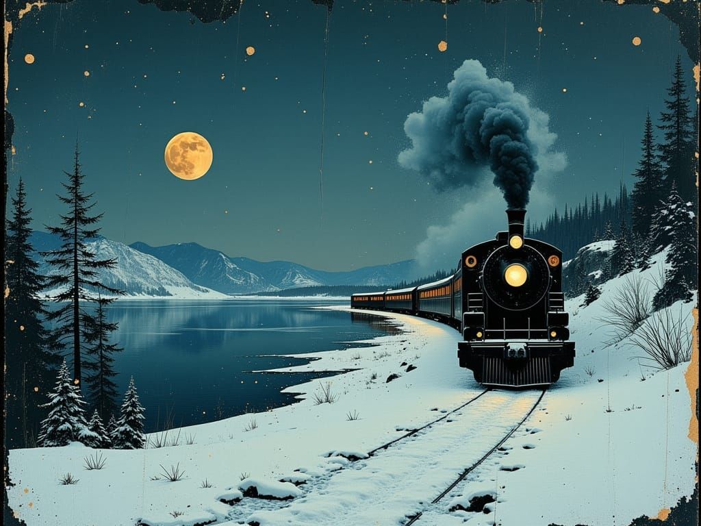 Vintage Polar Express Train Glides Across Frozen Lake