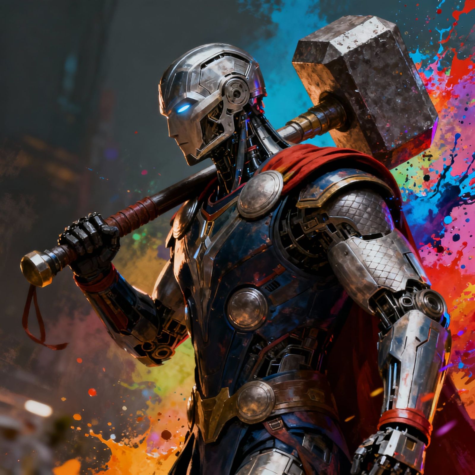 Hyperrealistic Robot with Giant Hammer in Splash Art Style
