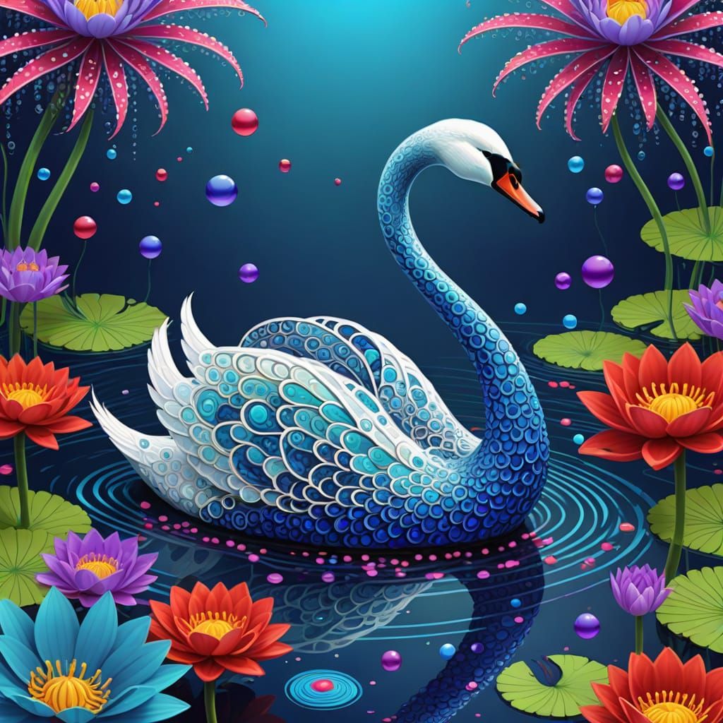 Psychedelic Swan Amidst Abstract Fractals