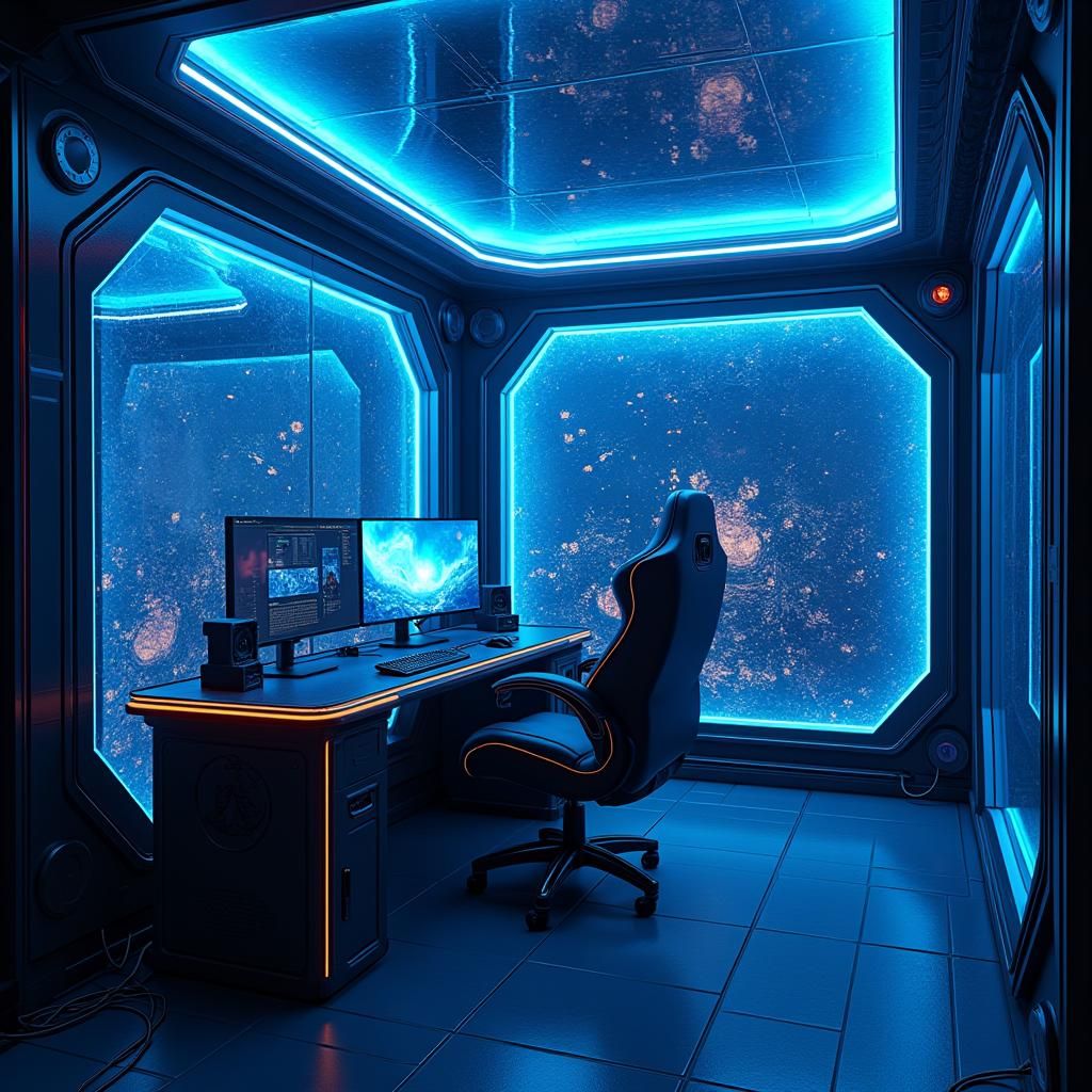 Futuristic Gaming Setup in Crystal Chamber, Cyberpunk Style