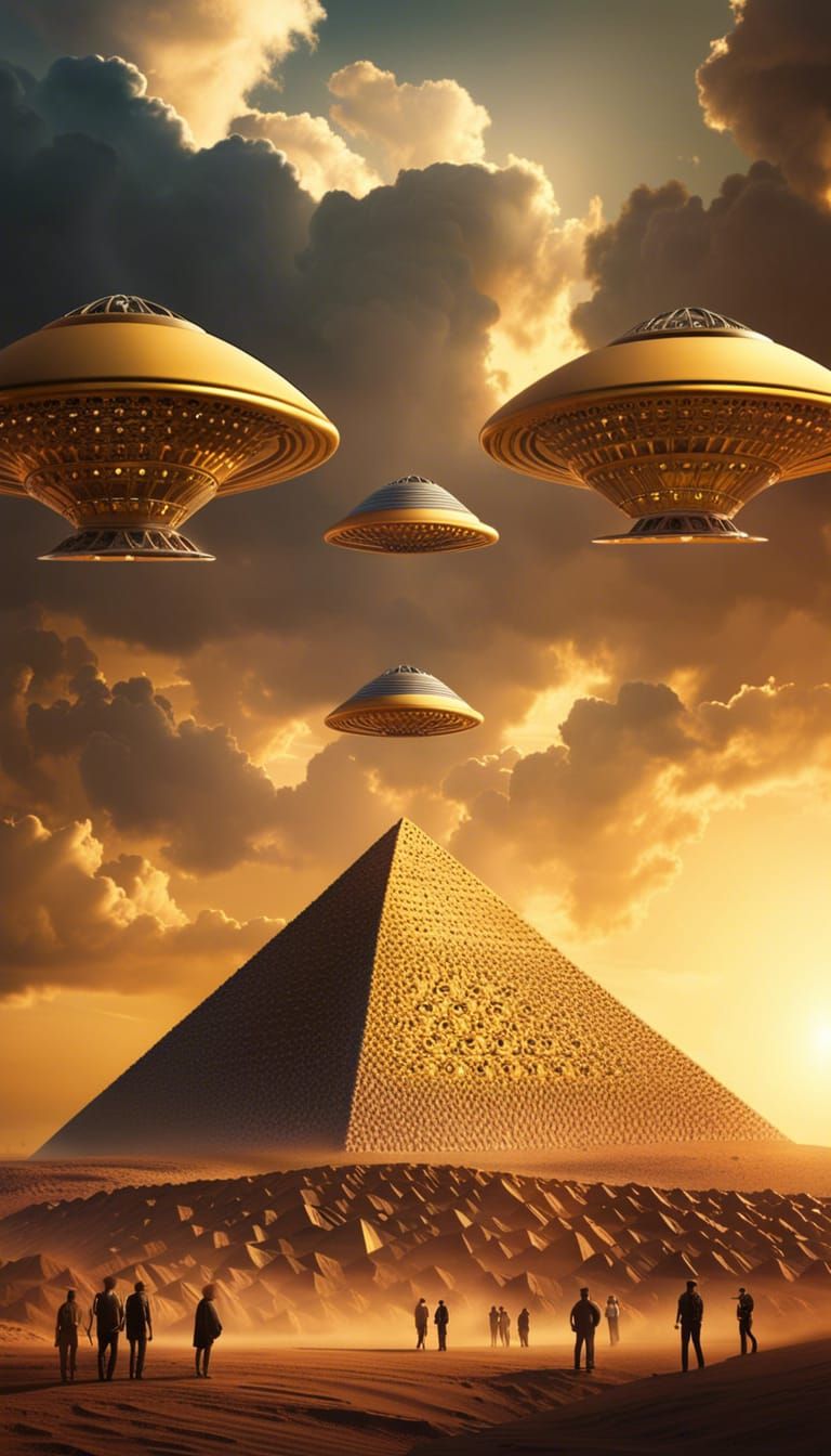 Humans and Aliens Build Pyramids at Golden Hour
