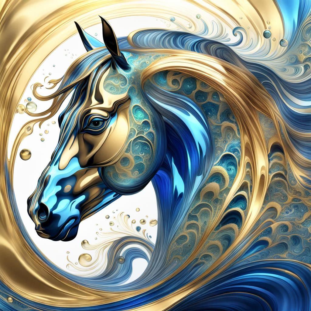 Blue Golden Horse Galloping on Glass Waves