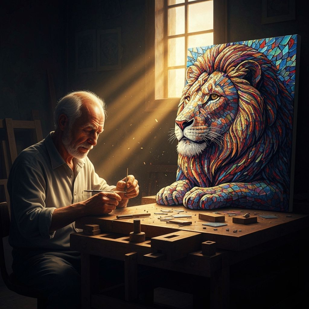 Artisan Crafts Lion Mosaic in Dramatic Light