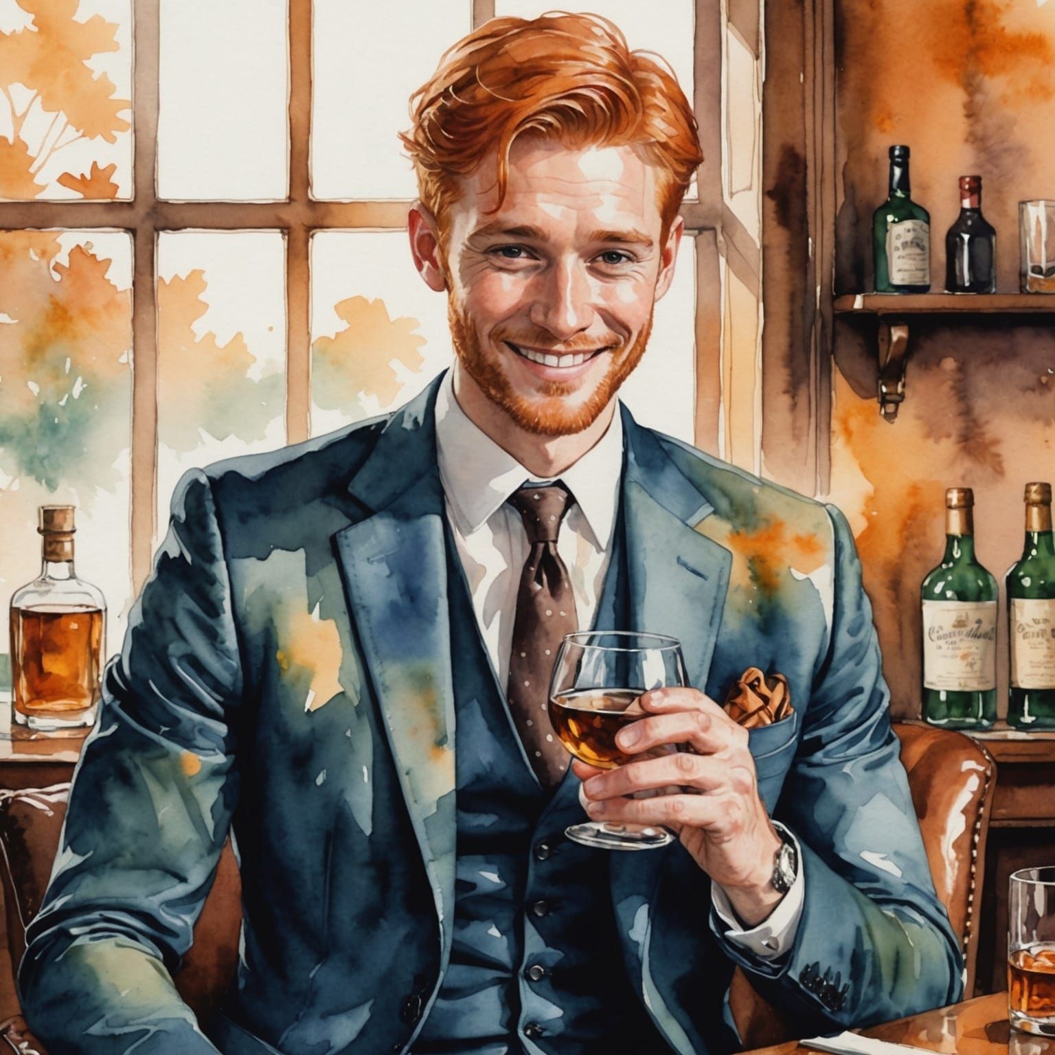 Watercolor Portrait of Man Sipping Whiskey
