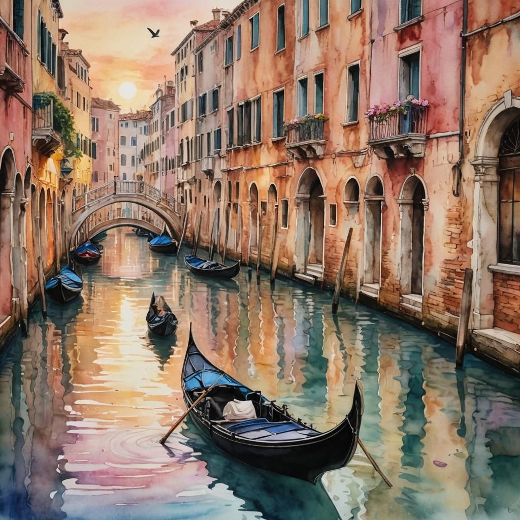 Venetian Gondola at Sunset in Alcohol Ink