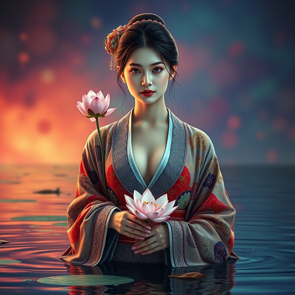Japanese Woman in Kimono, Holding Lotus Flower, Serene Lake ...