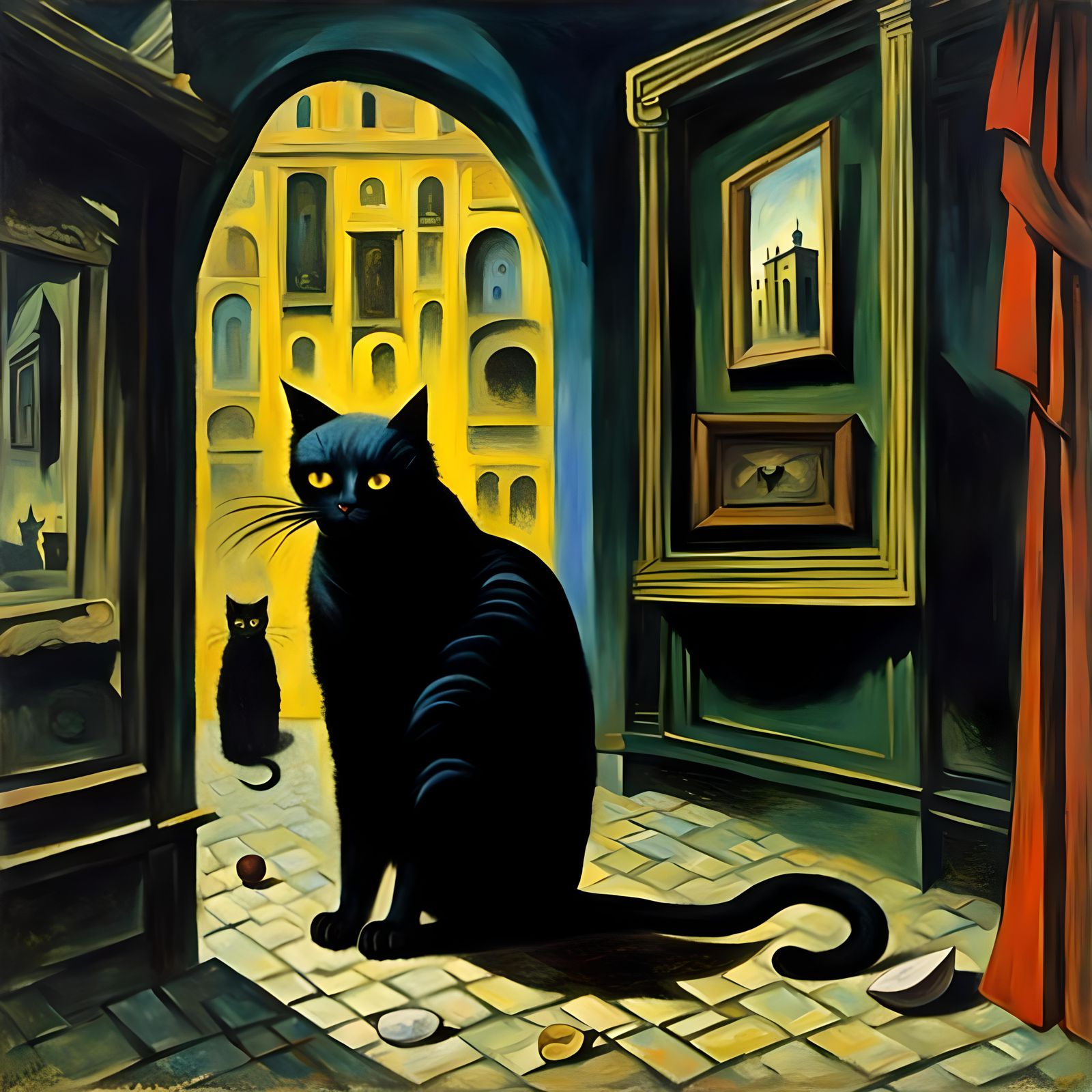 Black Cat Hiding: A Surreal Museum Scene