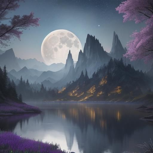 Watercolor Moonlit Lake Landscape with Wildflowers