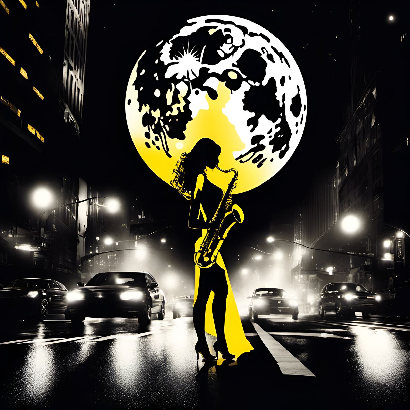 Saxophone Player in Rainy New York Nightscape