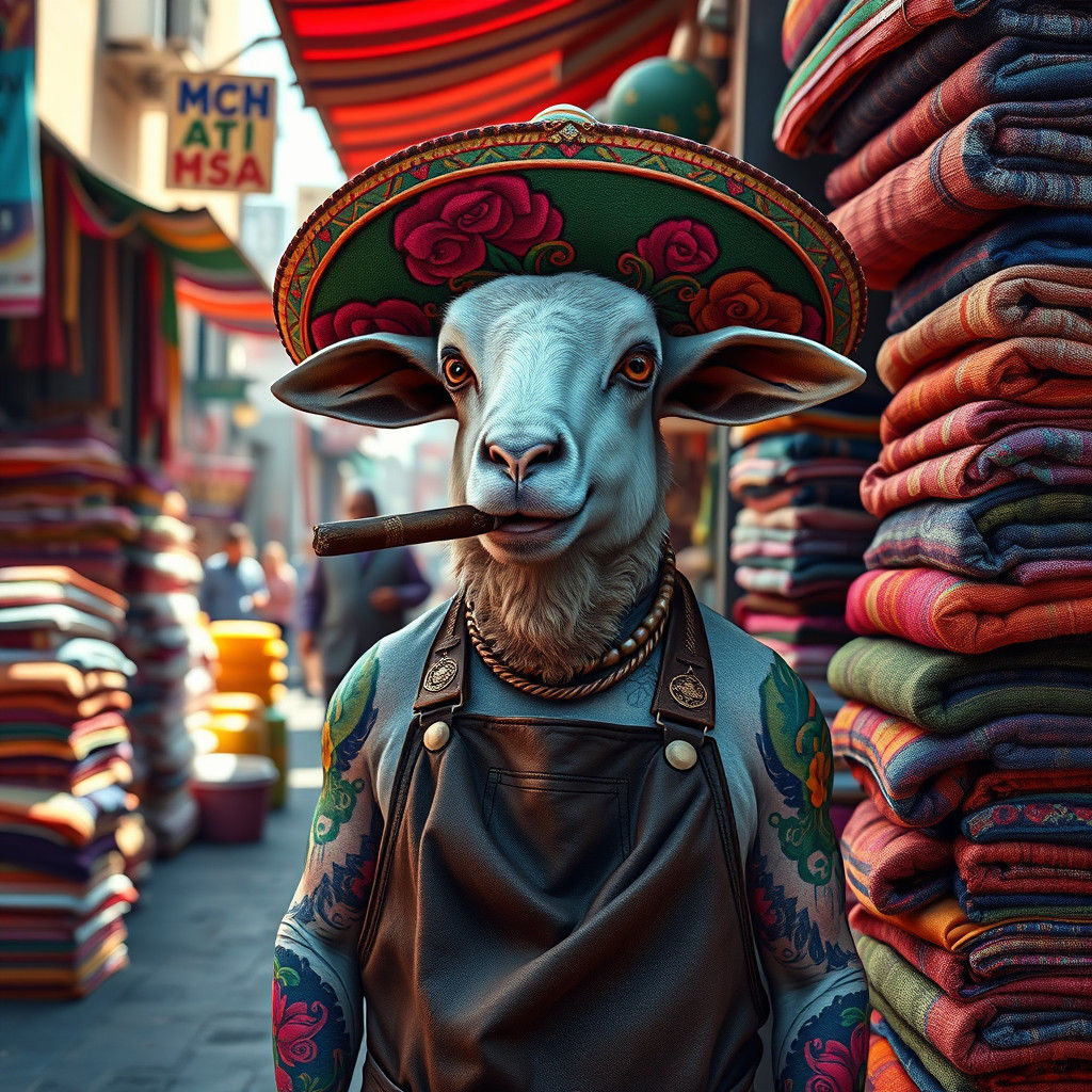 Smoking Sheep Blanket Salesman in Mexican Market