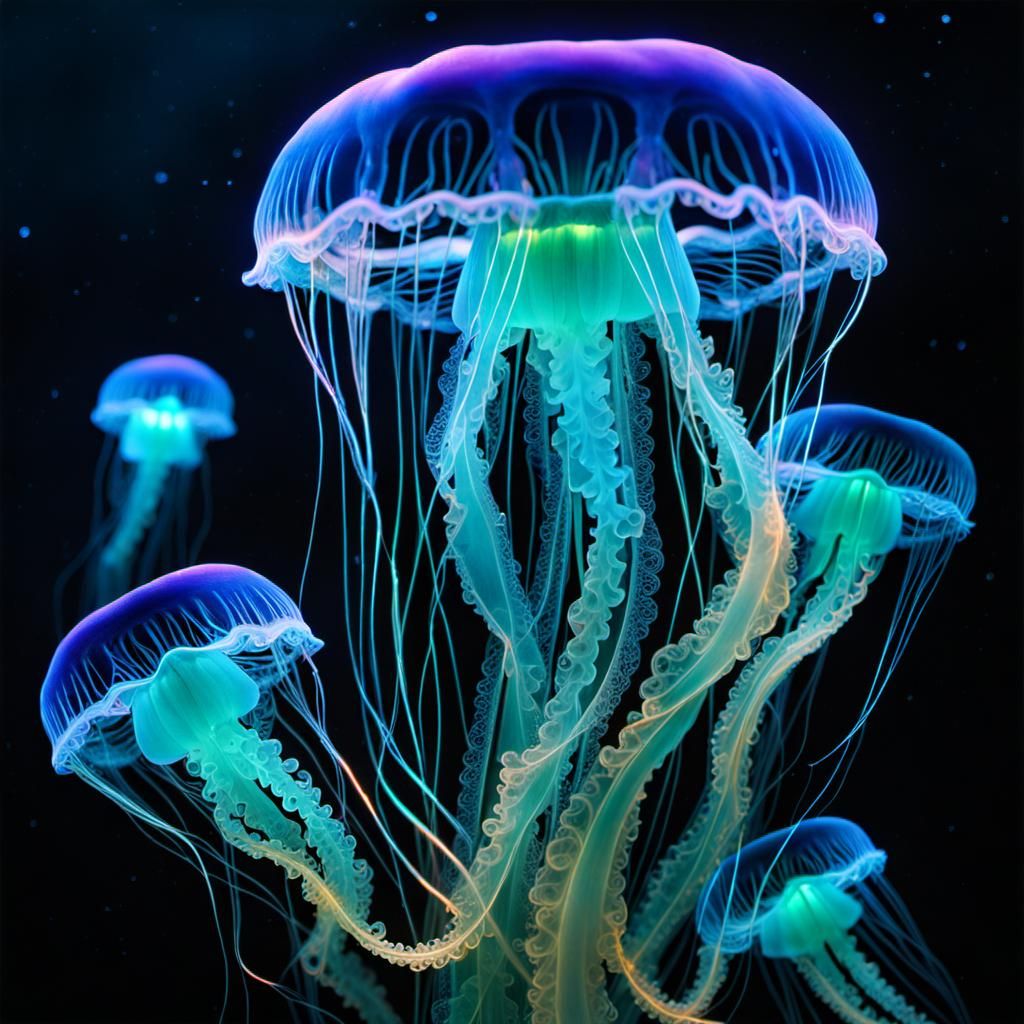 Bioluminescent Jellyfish School with Fractal Electricity