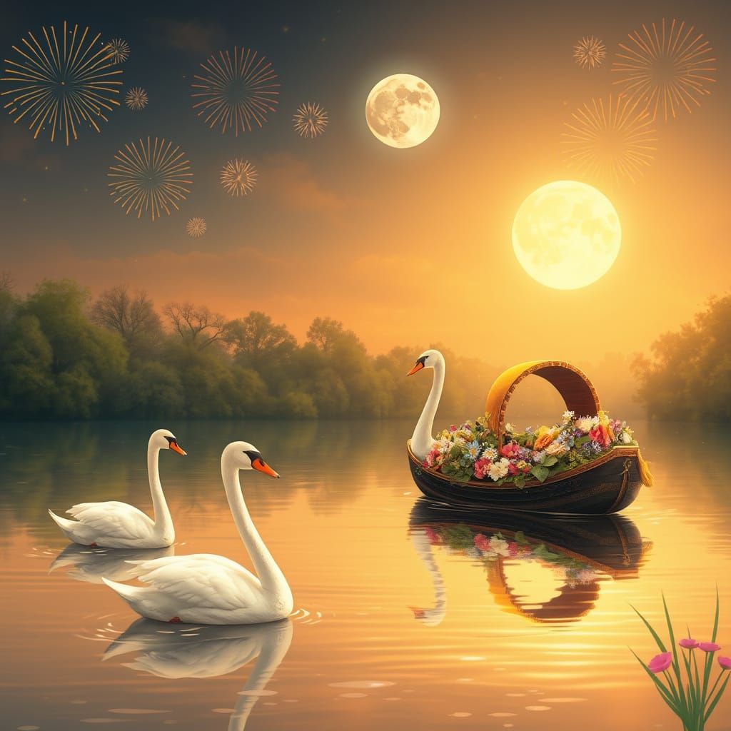 Moonlit Swans on a Whimsical Canal