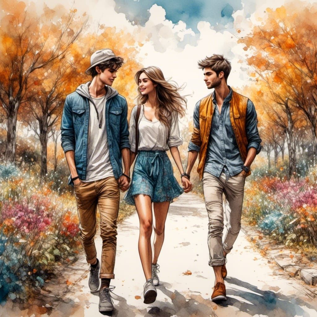 Detailed Sketch of Teenagers in a Park
