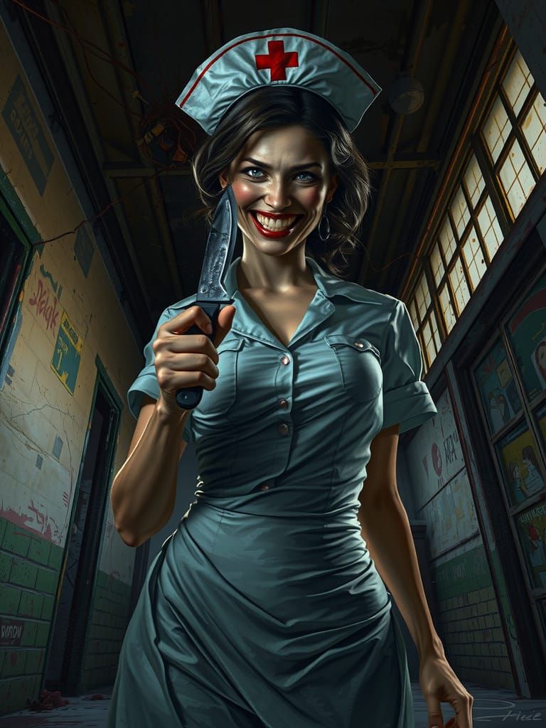 Sultry Fatale Nurse Emerges from Dark Abandoned Shadows