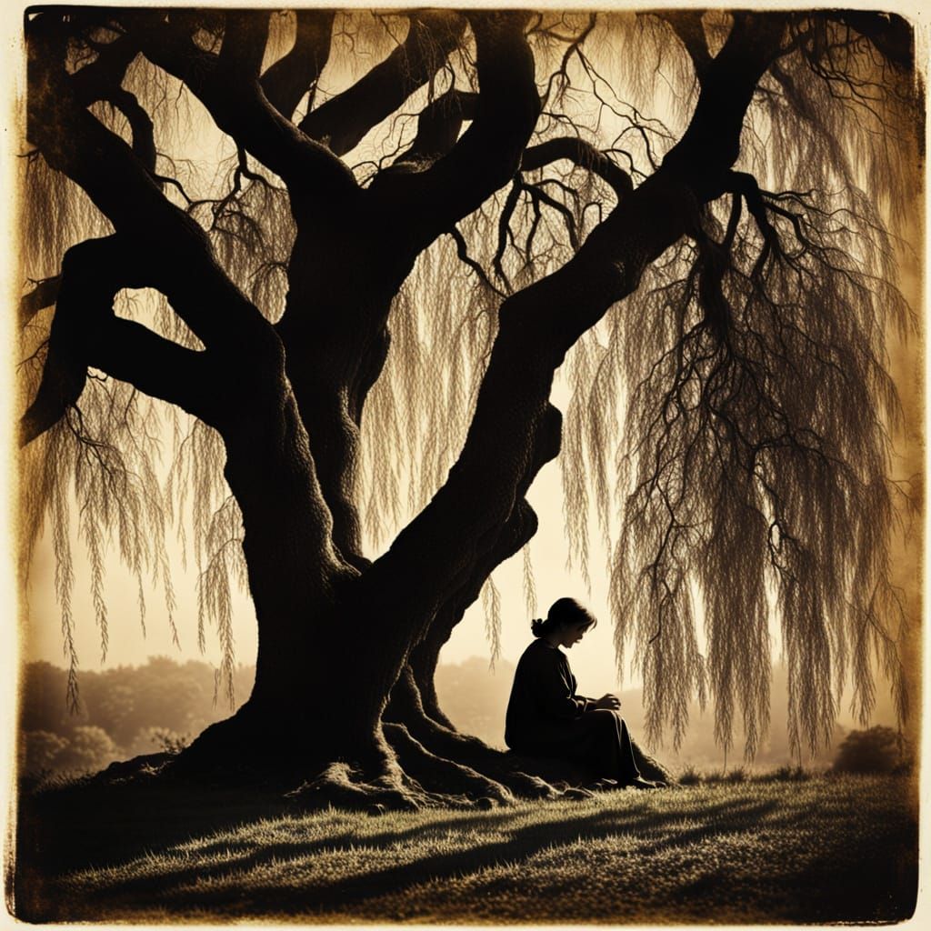 Lady Under Weeping Willow in Diazotype Style