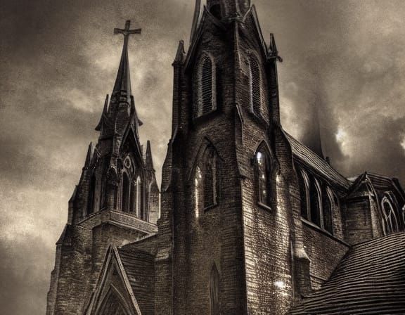 An old fashioned church with a steeple - BUT IT LOOKS EVIL, ...