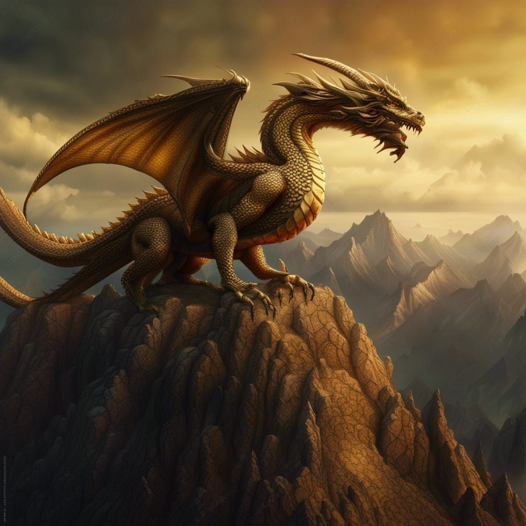 Majestic Golden Dragon on a Mountaintop