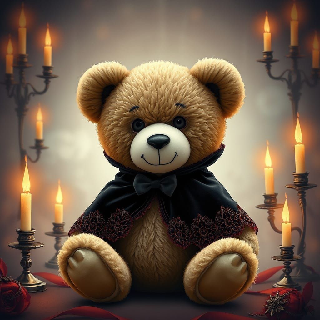 Gothic Teddy Bear Plushie in Whimsical, Mystical Atmosphere