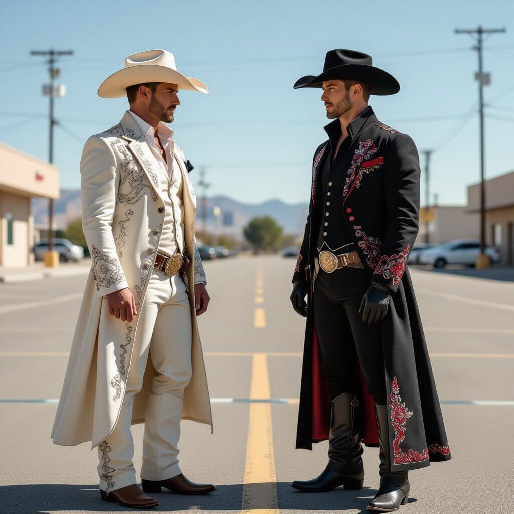 Elegant Cowboys Duel in Urban Setting: Digital Art