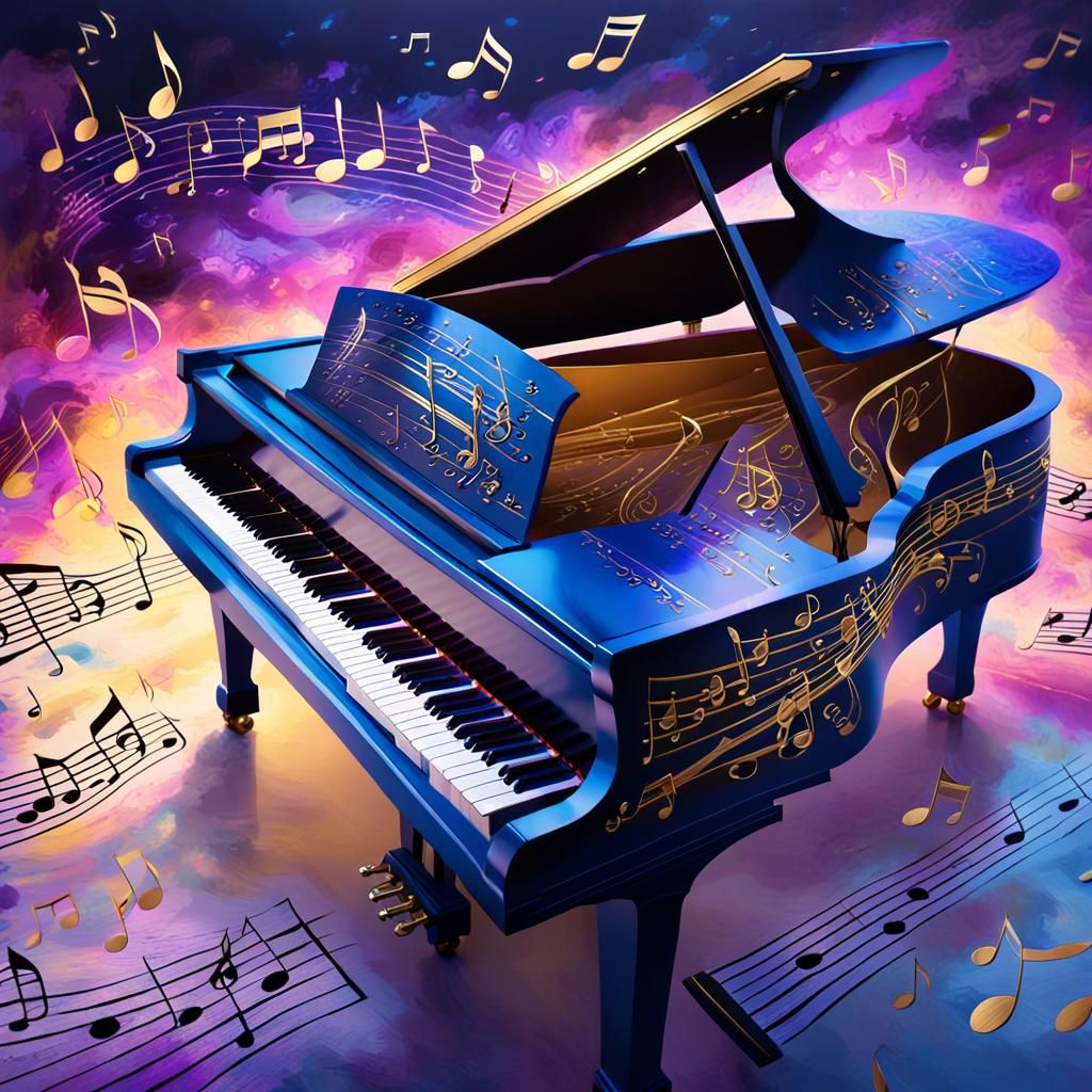 Glowing Music Notes on Piano in Oil Painting