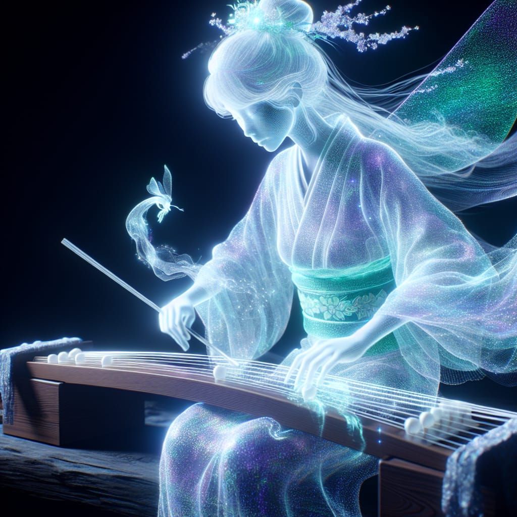 Ethereal Spirit Musician Playing Koto in Anime Style