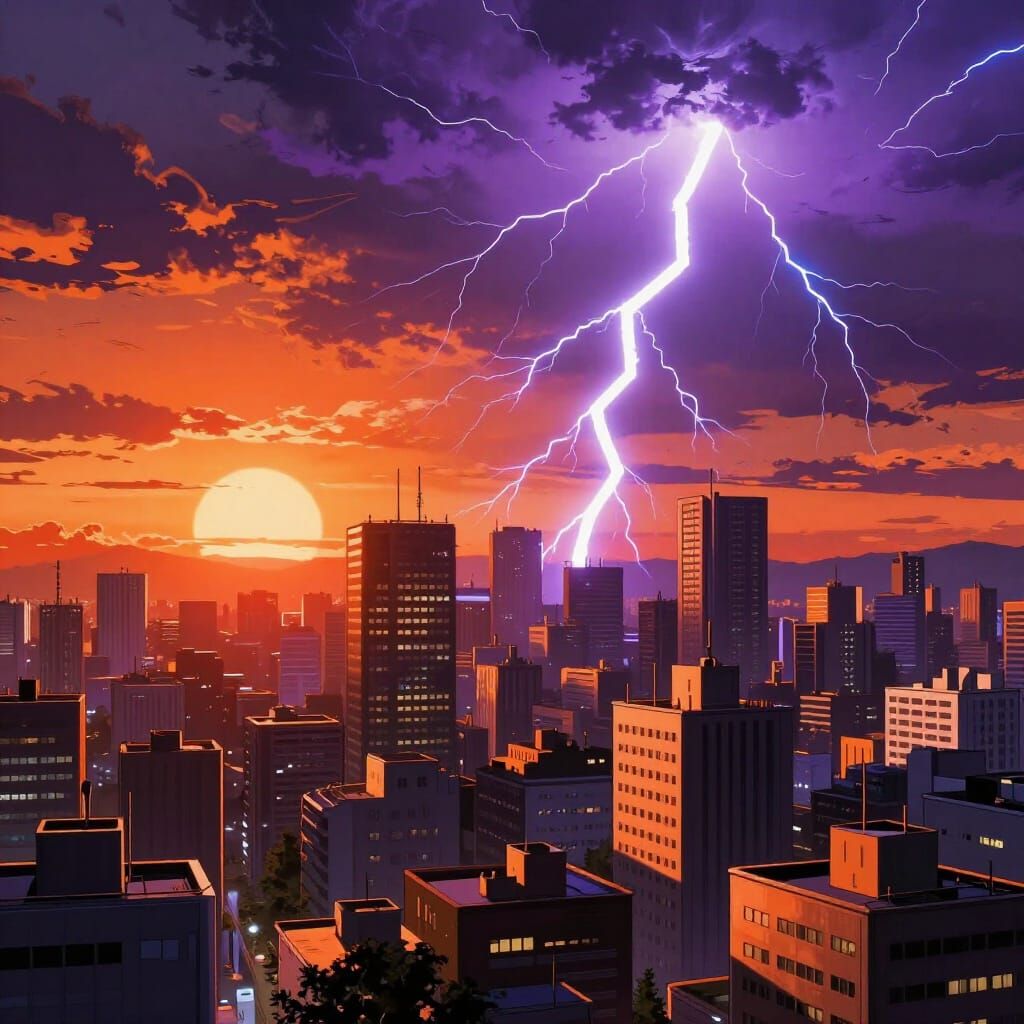 Anime Cityscape: Sun, Lightning, and Stormy Skies