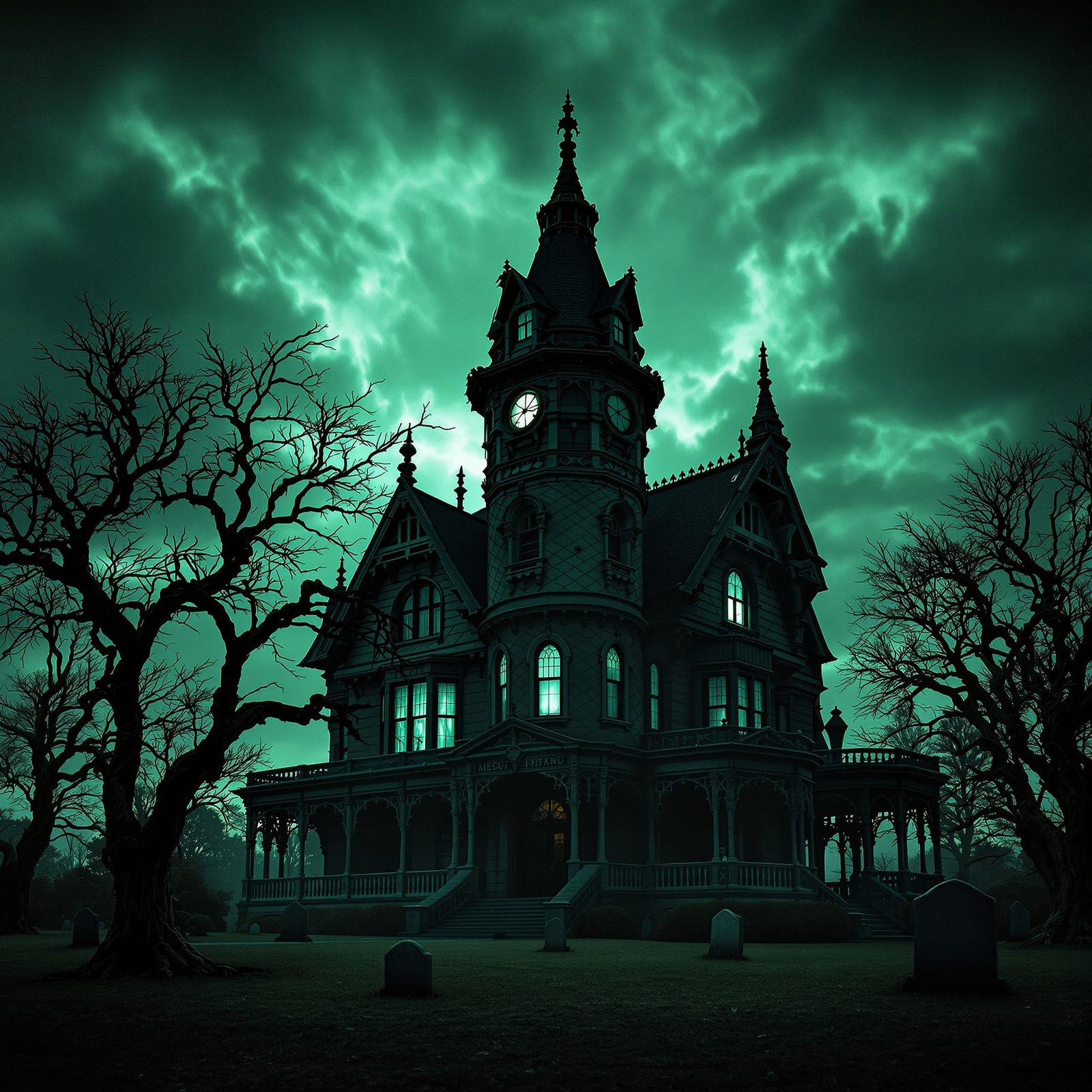 Gothic Victorian Mansion Under Green Night Sky