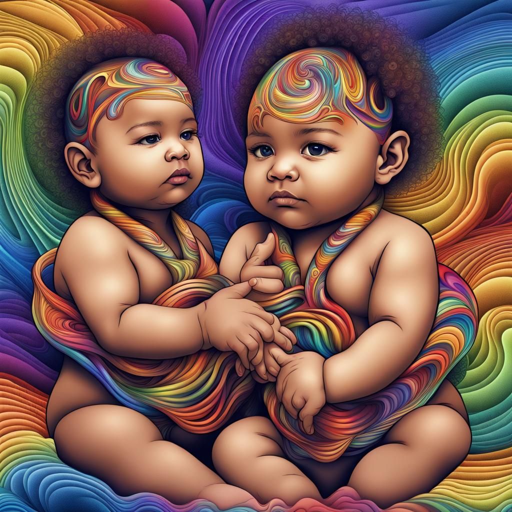 Samoan Babies with Rainbow Leis: Abstract Vector Art