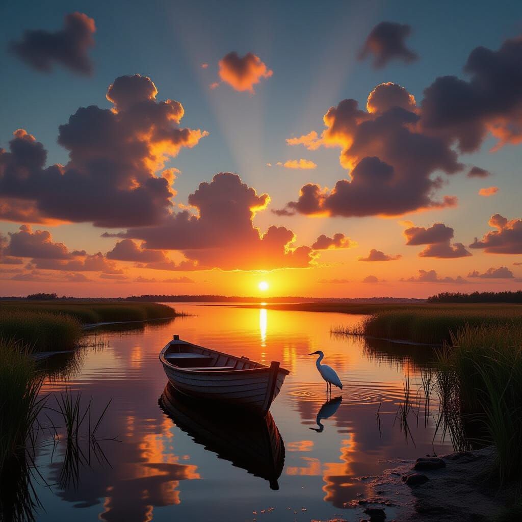 Cinematic Sunset Over Marshland with Boat and Heron