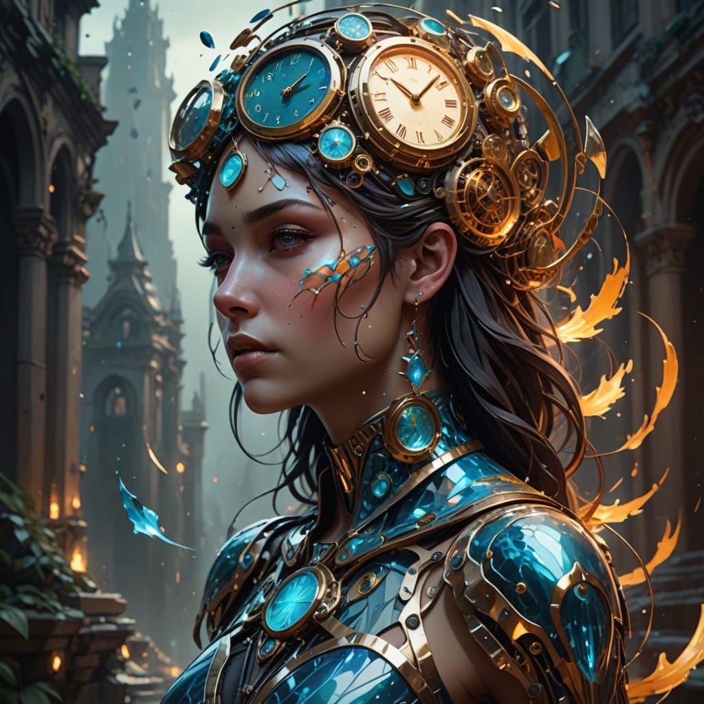 Surreal Figure Carrying Time Symbols in Abstract Landscape