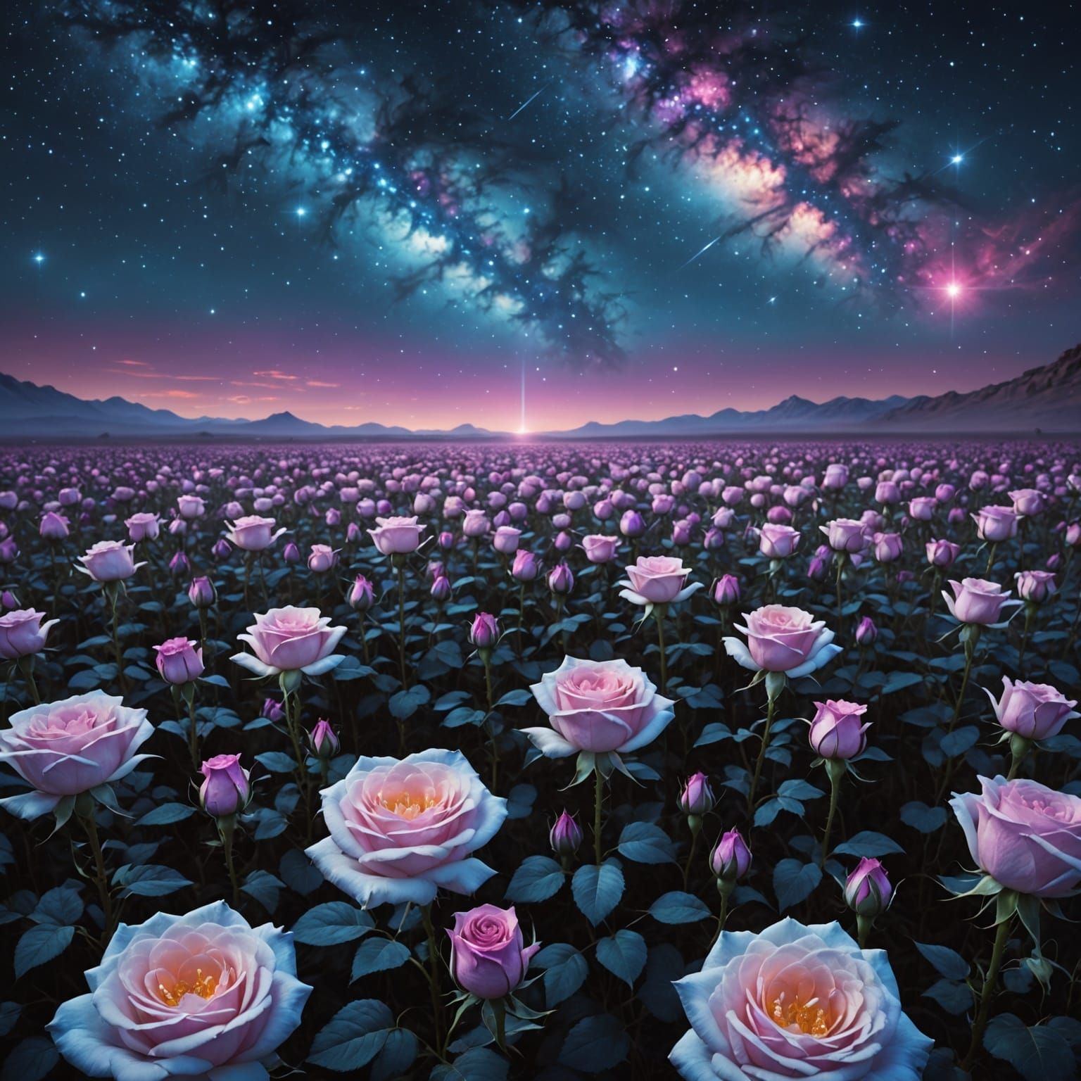 Cosmic Roses in Nebula Sky Under Divine Light