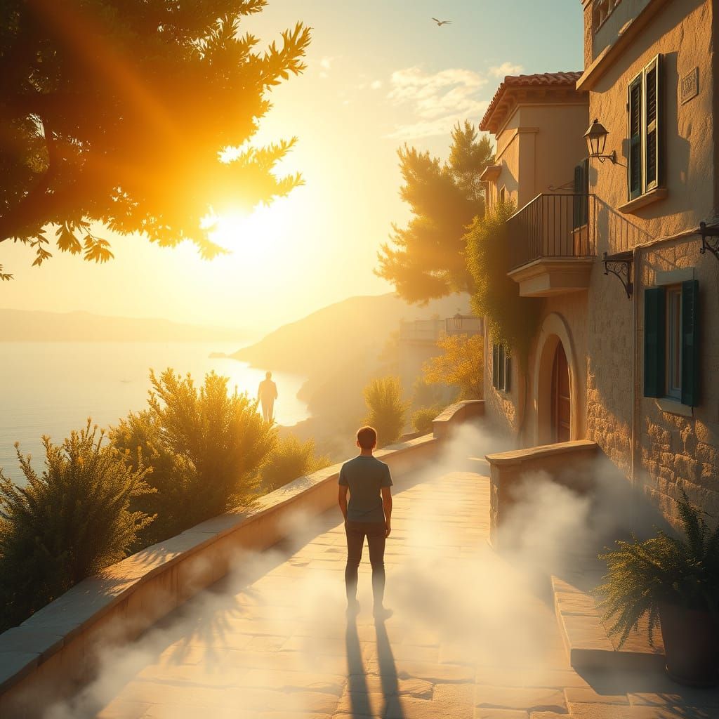 Sunlit Mediterranean Landscape with Swirling Mist
