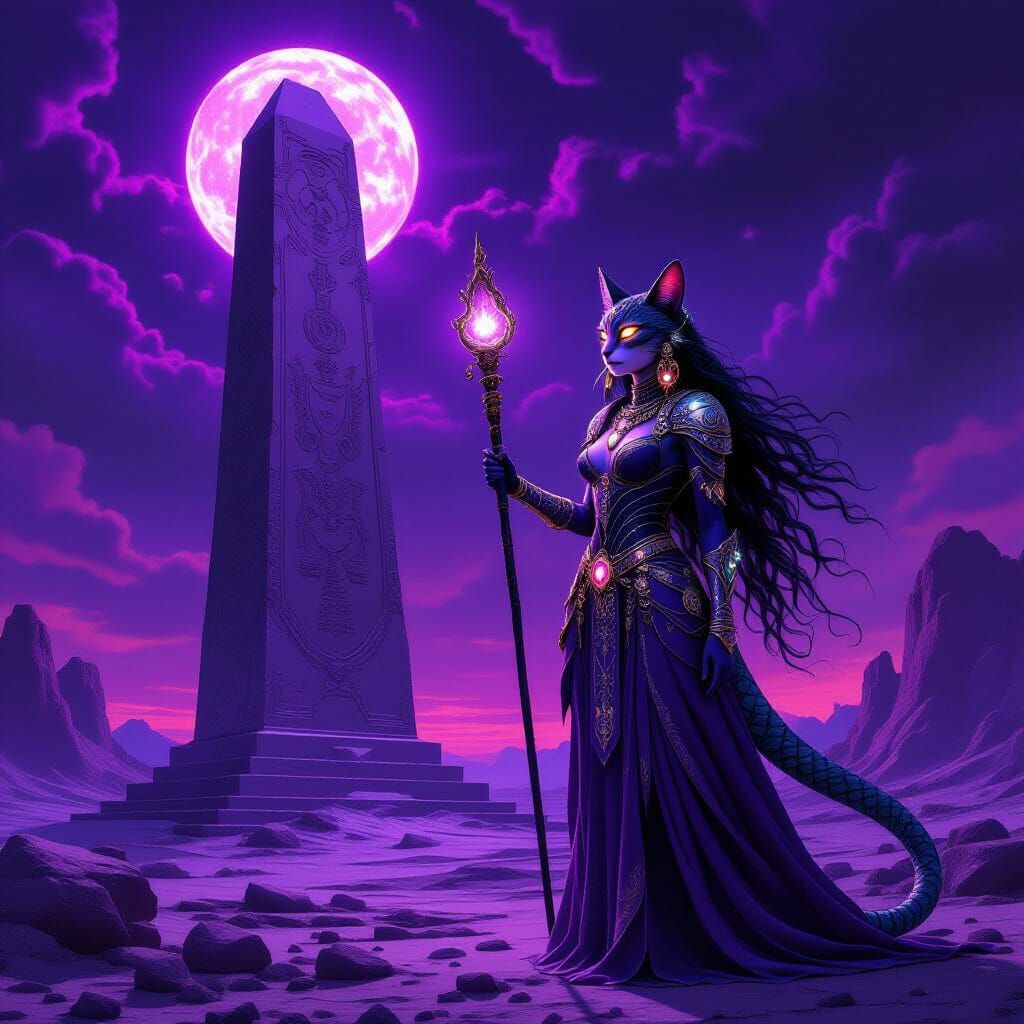 Renaissance Sorceress on Alien Planet with Monolith