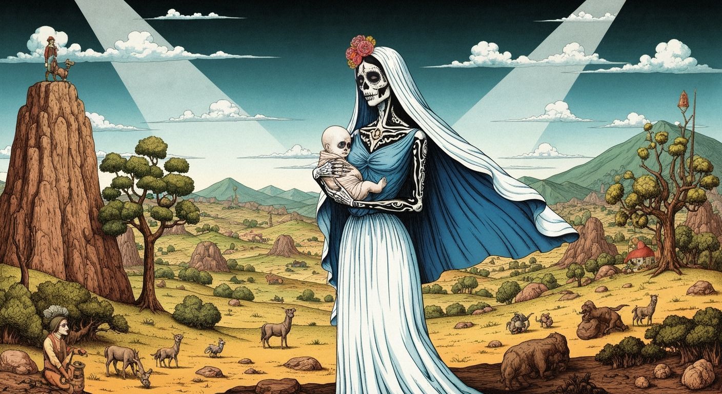Catrina Holding Baby in Surreal Mexican Landscape