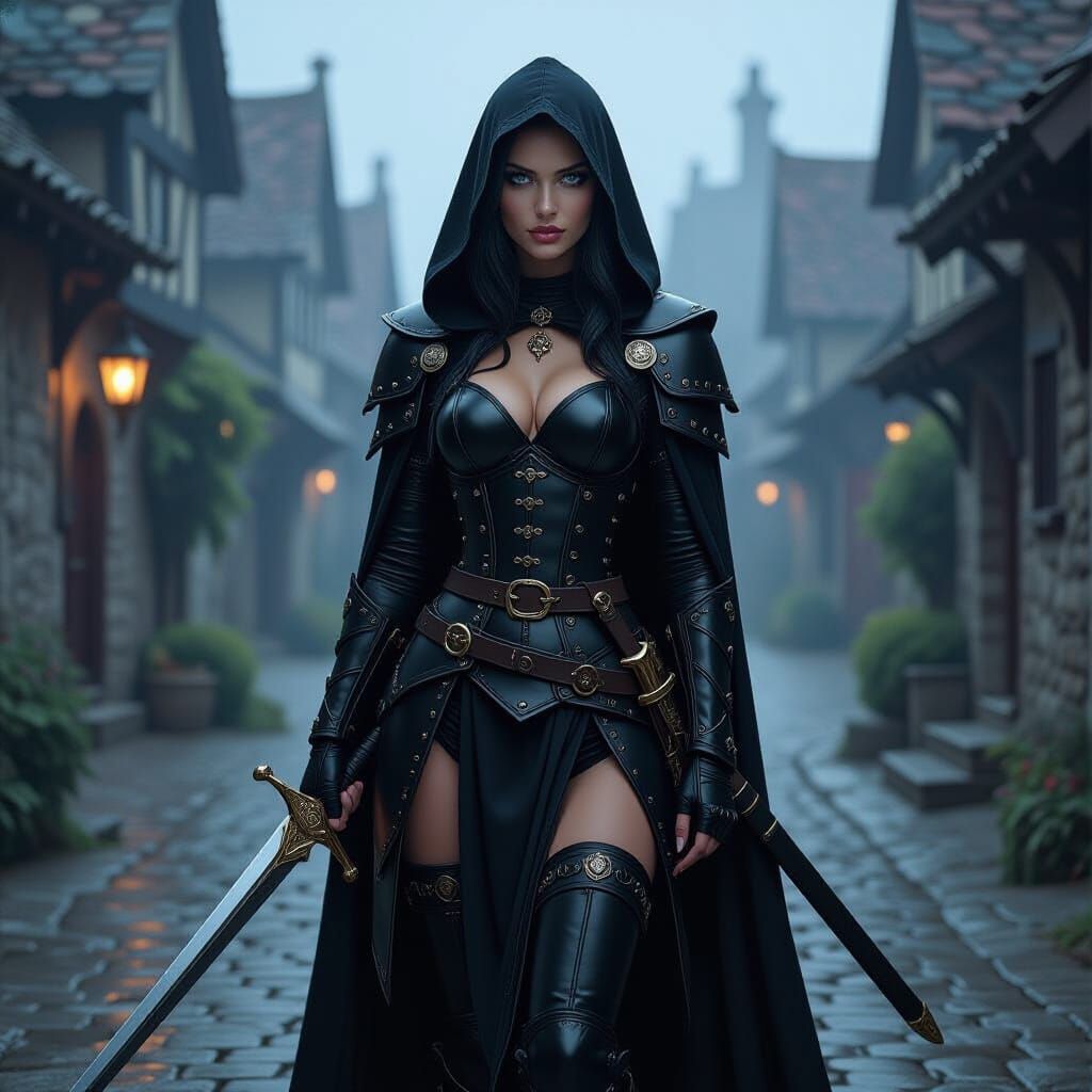 Fantasy Woman on Misty Street in Dark Comic Style