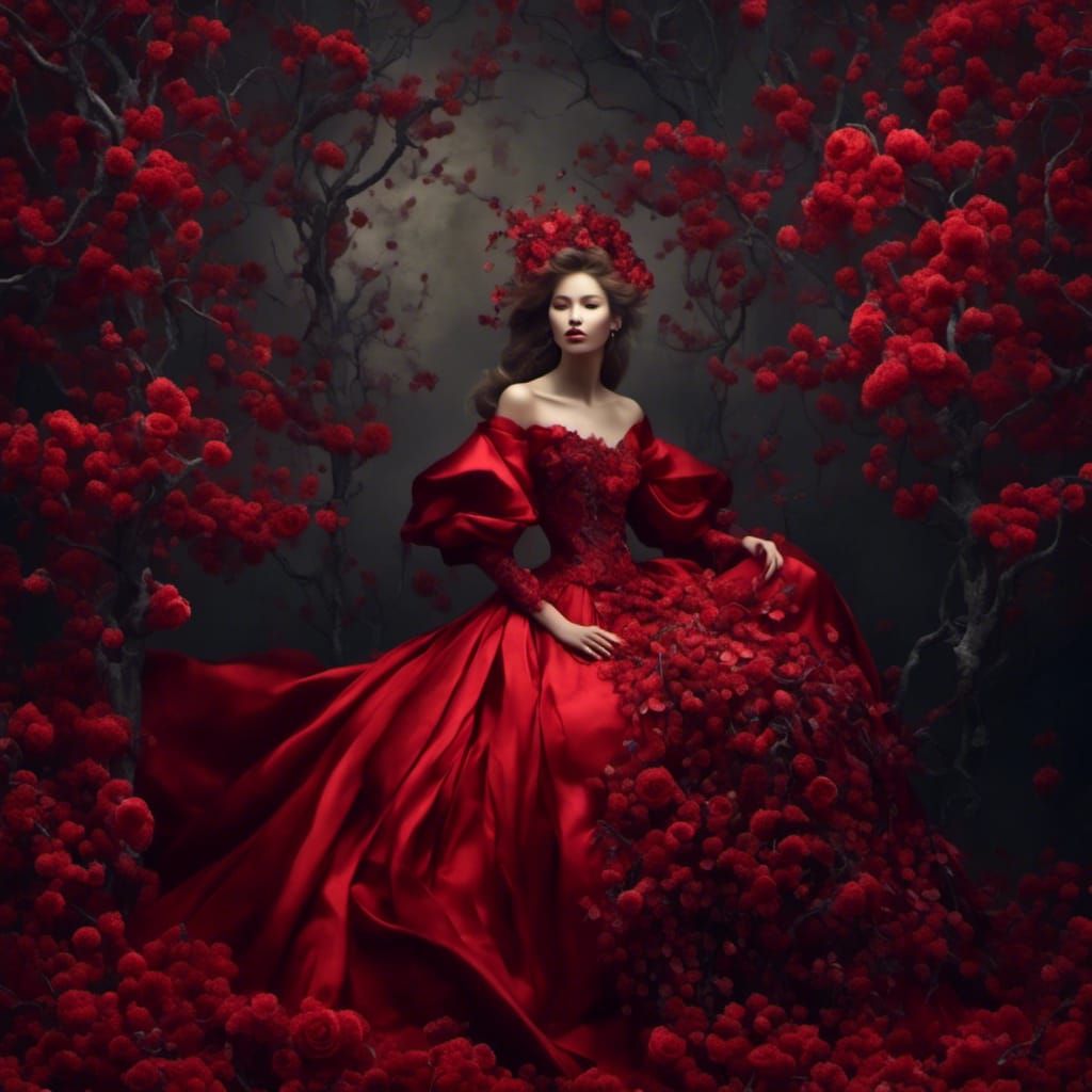 Woman in Crimson Gown, Hyperreal Style