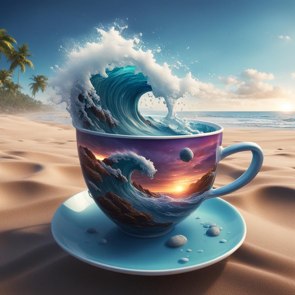 Wave in a Cup: Detailed Fantasy Beach Art
