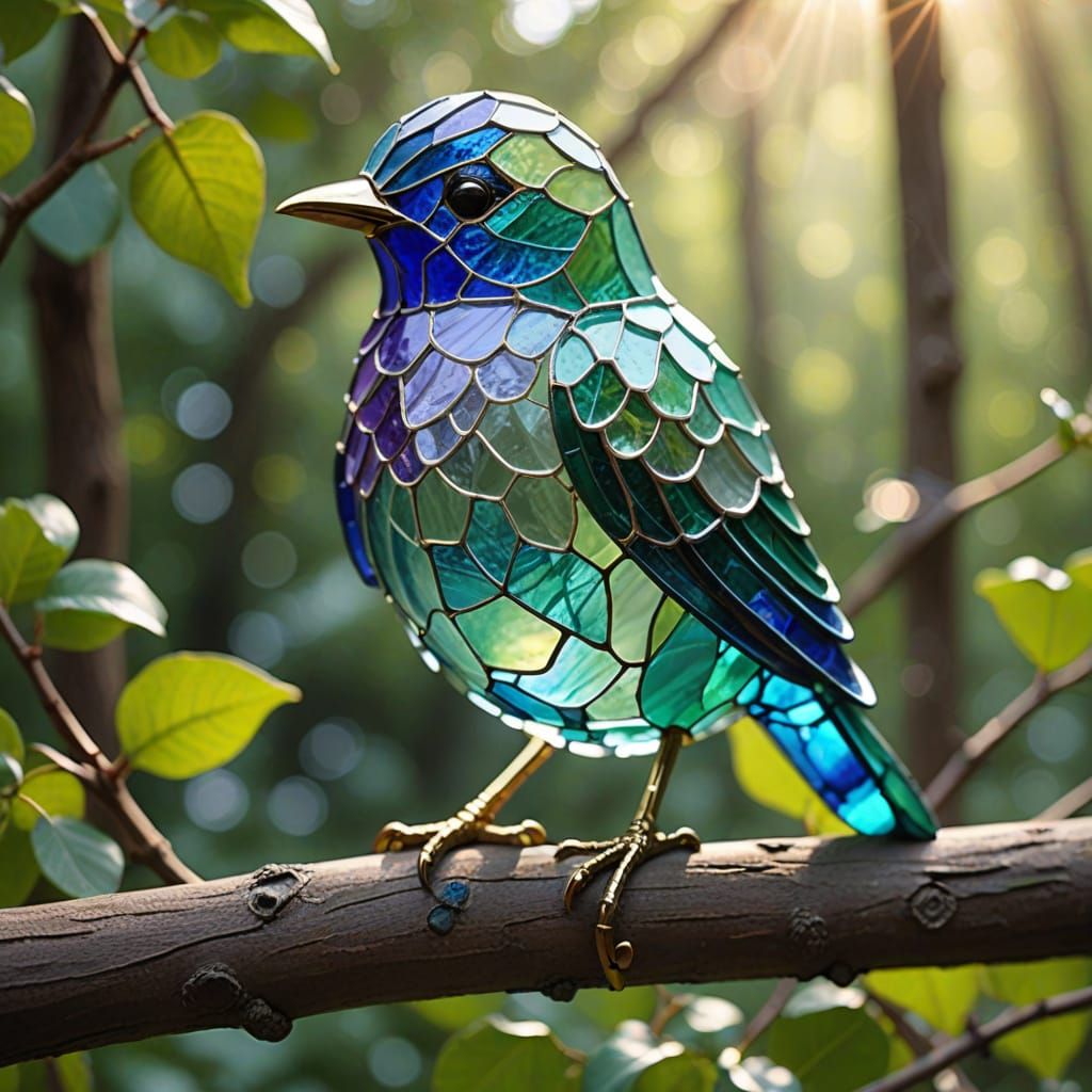 Sea Glass Bird Sculpture Glowing on Branch