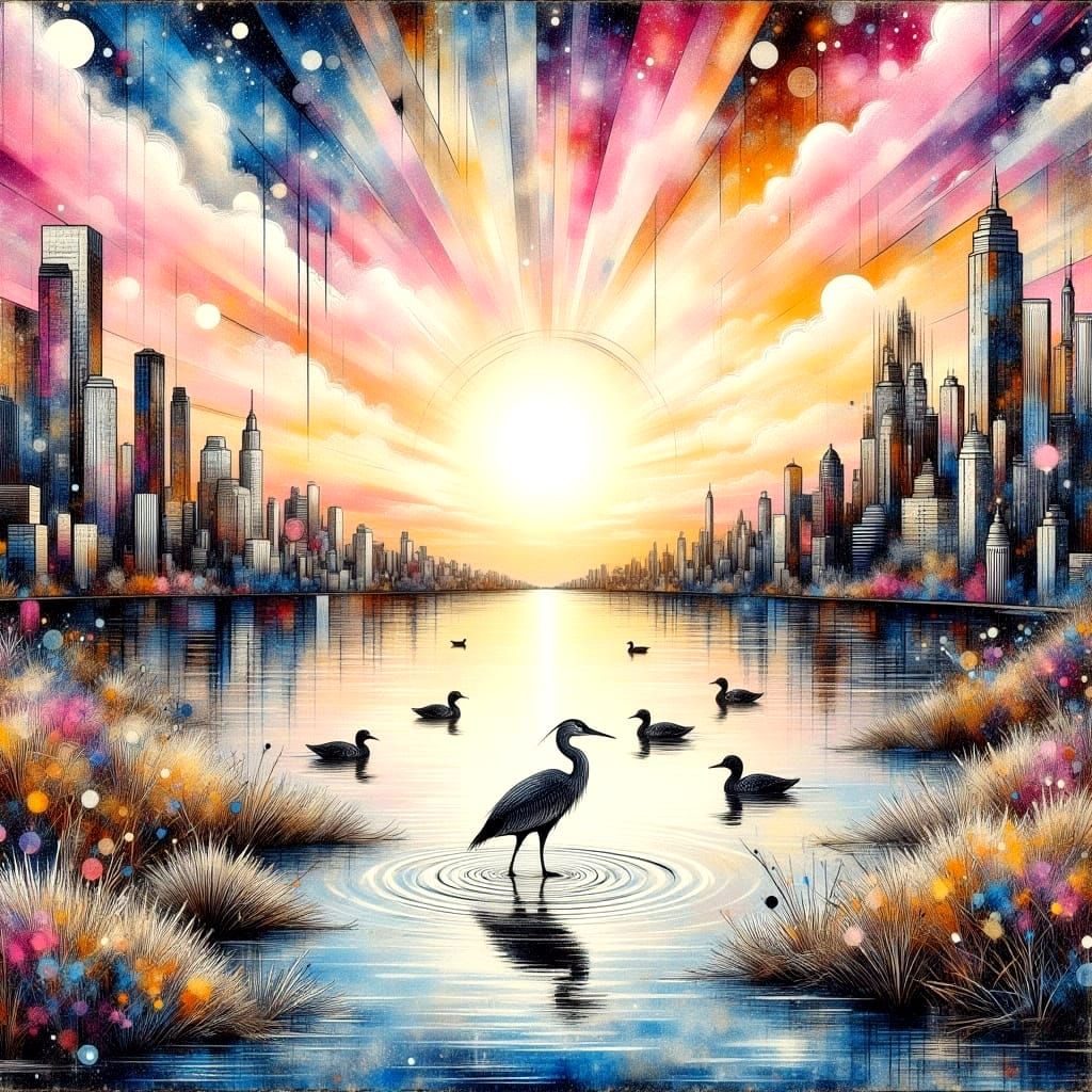 Surreal Sunset Scene in Abstract Art Deco Style